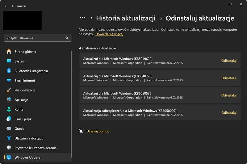 Cofnięcie aktualizacji Windows 10
