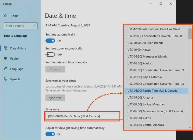 Ustawienia czasu w Windows 10